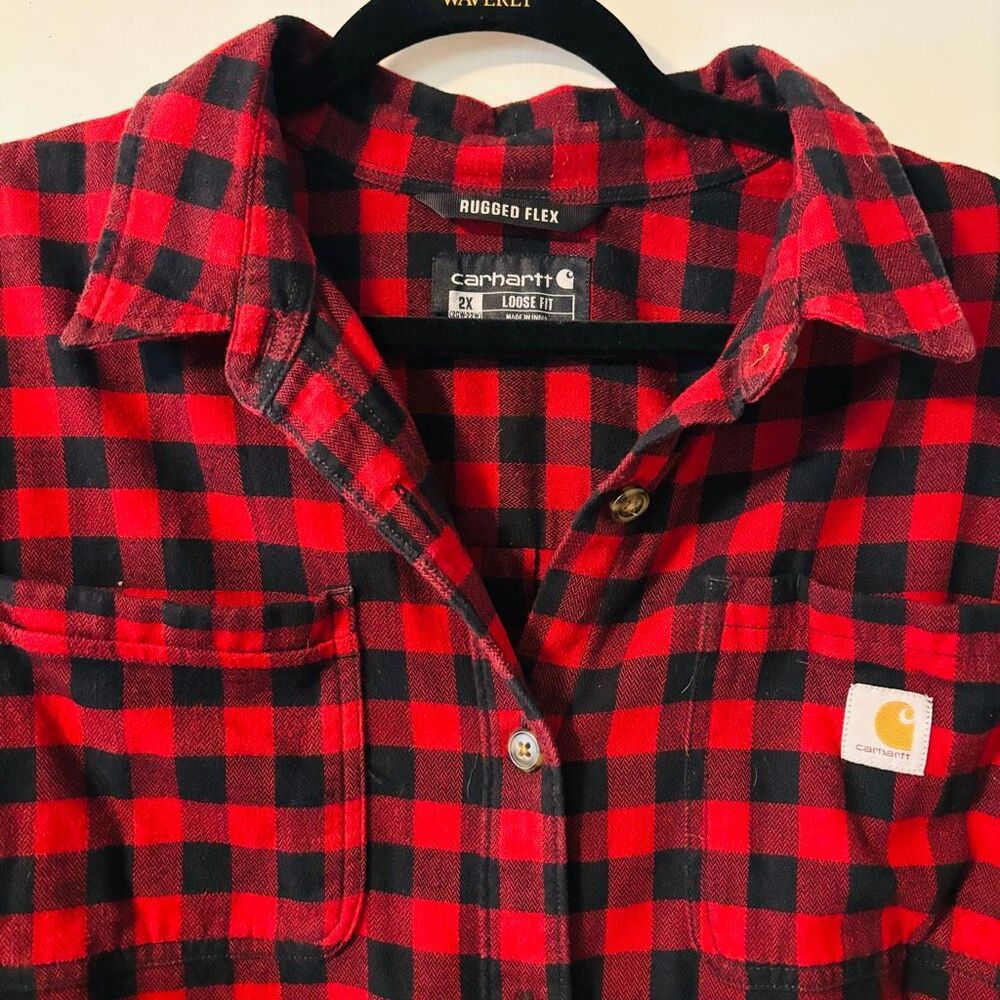 Carhartt Rugged Flex Loose Fit Button Up Flannel Shirt Red Black Buffalo Plaid W - Picture 2 of 10